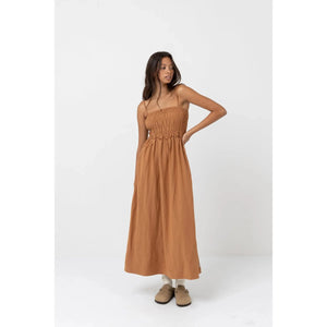 Classic Shirred Midi Dress - Caramel