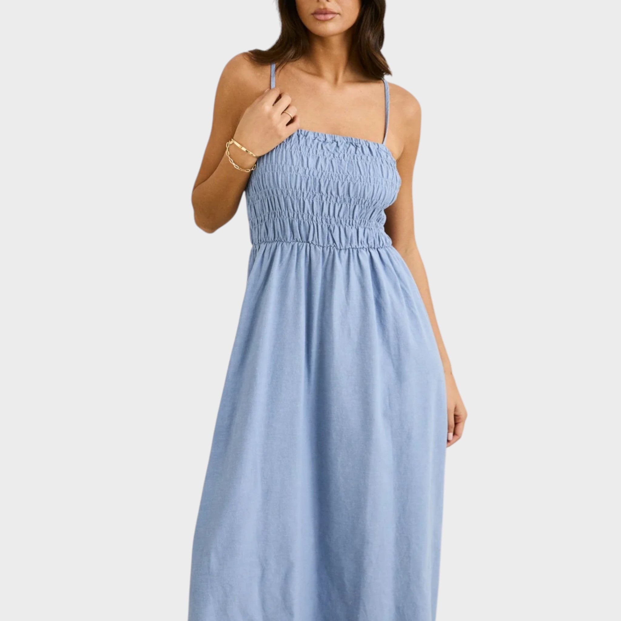 Rhythm women's Classic Shirred Midi Dress - Steel Blue Hiatus Store Rhythm women's Classic Shirred Midi Dress - Steel Blue Hiatus Store