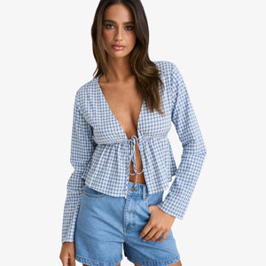 Rhythm Lola Check Front Tie Top - Blue