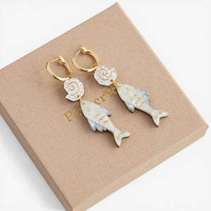 Pepper You 'Ocean Fish & Shell' Hoop Earrings - Pearly Mint & Blue Gold