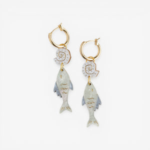 Pepper You 'Ocean Fish & Shell' Hoop Earrings - Pearly Mint & Blue Gold
