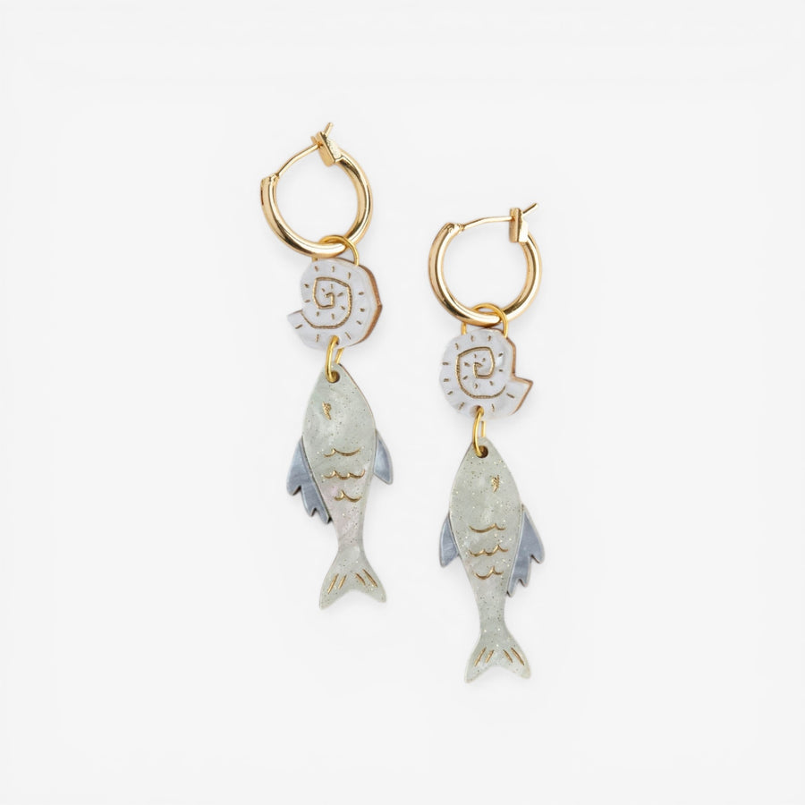 Pepper You 'Ocean Fish & Shell' Hoop Earrings - Pearly Mint & Blue Gold
