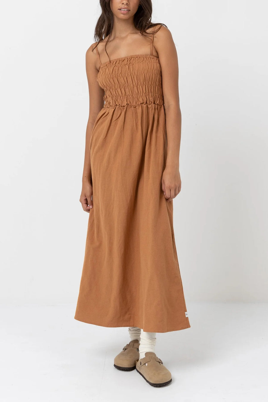 Classic Shirred Midi Dress - Caramel