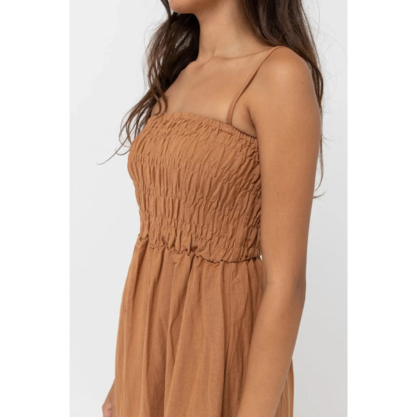 Classic Shirred Midi Dress - Caramel