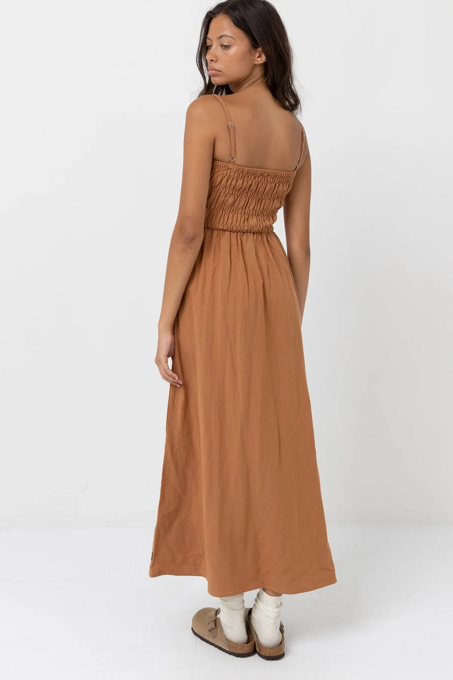 Classic Shirred Midi Dress - Caramel