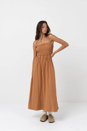 Classic Shirred Midi Dress - Caramel