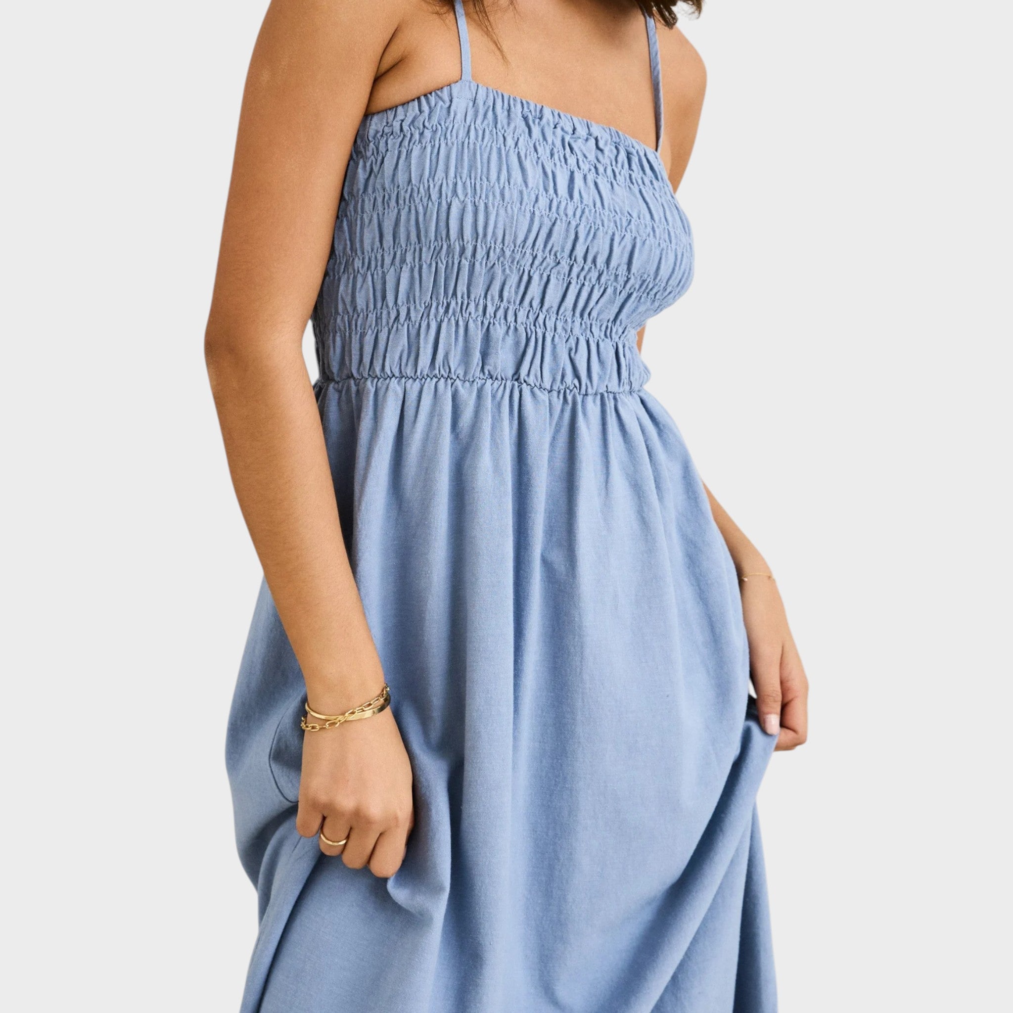 Rhythm women's Classic Shirred Midi Dress - Steel Blue Hiatus Store Rhythm women's Classic Shirred Midi Dress - Steel Blue Hiatus Store