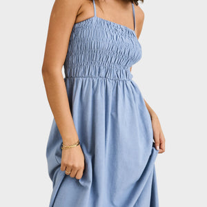 Rhythm women's Classic Shirred Midi Dress - Steel Blue