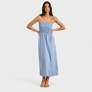 Rhythm women's Classic Shirred Midi Dress - Steel Blue