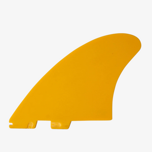 Hiatus Store FCS II Modern Keel PG surfboard fin in mango yellow with a wide base and upright template design.