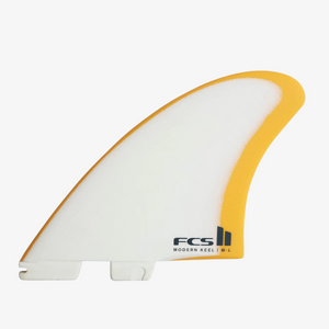 Hiatus Store FCS II Modern Keel PG surfboard fin in mango and white fiberglass for fish and twin fin surfboards