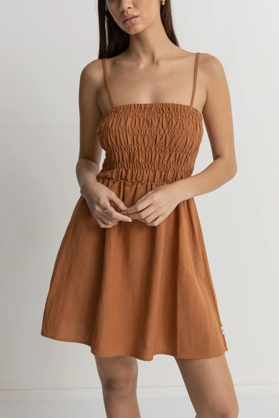 Classic Shirred Mini Dress - Caramel