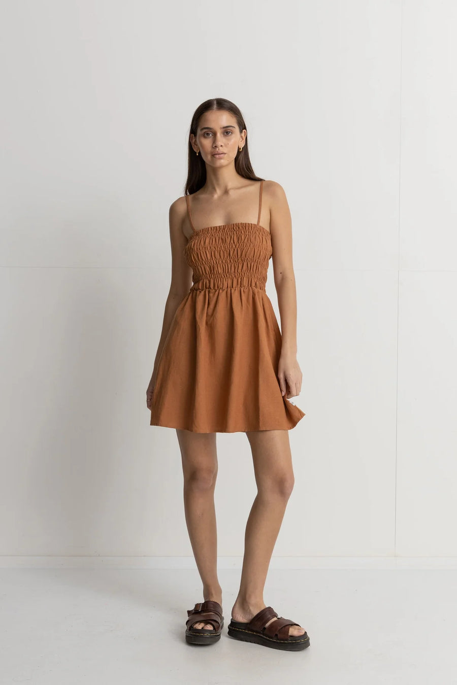 Classic Shirred Mini Dress - Caramel