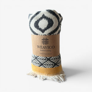 Weavcio Turkish Throw Blanket – 100% Cotton, Black-Mustard