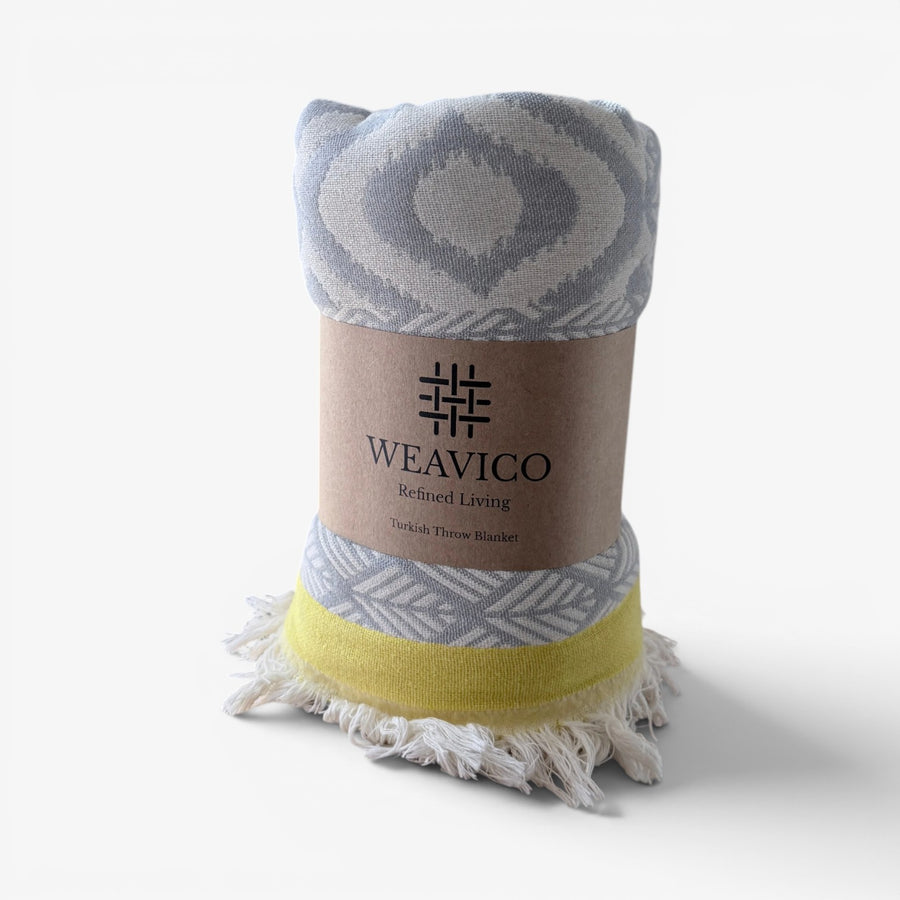 Weavcio Turkish Throw Blanket – 100% Cotton, Grey/ Yellow