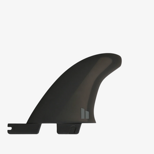 Hiatus Store FCS II Mick Fanning twin surfboard fin in black with a hatchet-like tip and lightweight AirCore design.