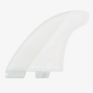 Hiatus Store white FCS II Mick Fanning twin surfboard fin with hatchet-tip template and AirCore technology