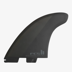 Hiatus Store FCS II Mick Fanning twin surfboard fin in black with a performance core and hatchet-like tip design