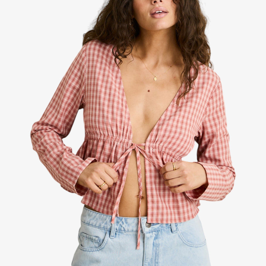 Rhythm Kirra Check tie Front Long Sleeve Top - Pink