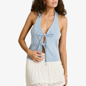 Rhythm Louise Tie Front Halter Top - Blue