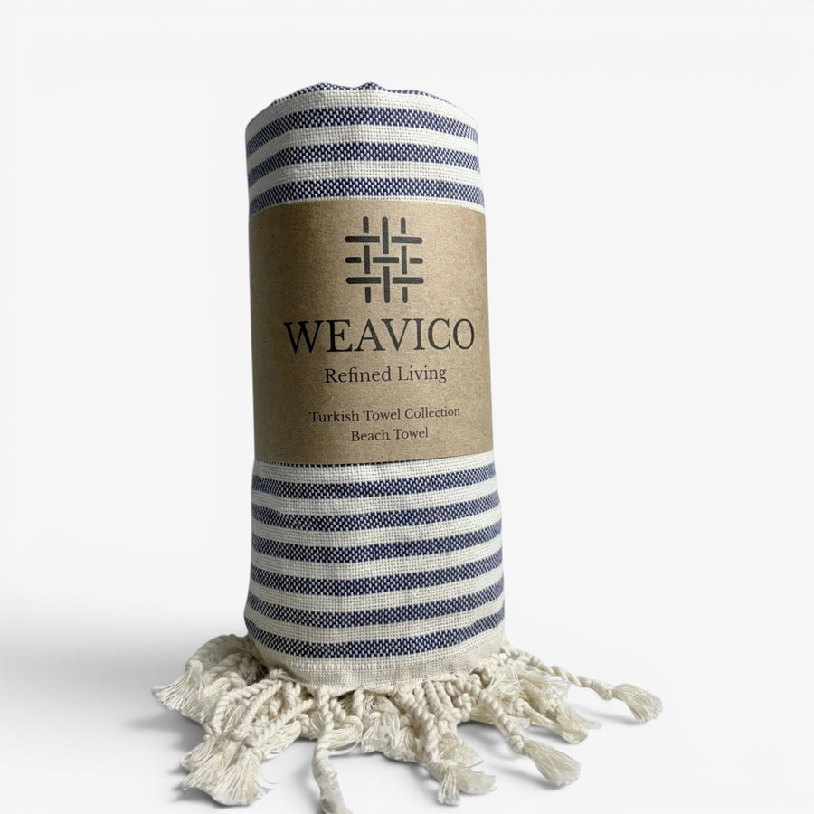 Weavico Stripe Turkish Beach Towel – 100% Cotton, Navy