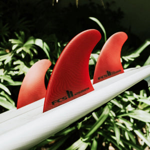 FCS II 'ACCELERATOR' Neo Glass ECO Surfboard Tri Fins - RED - Large