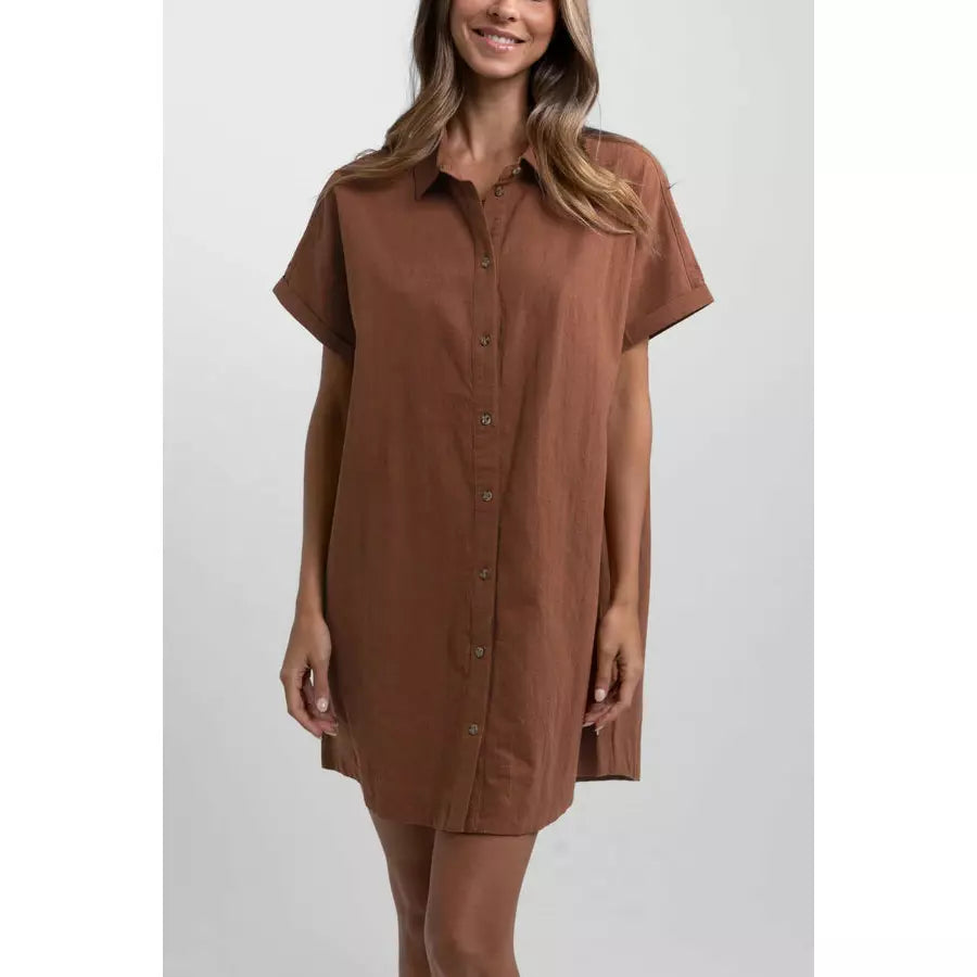 Rhythm Classic Linen Shirt Dress - Baked Clay